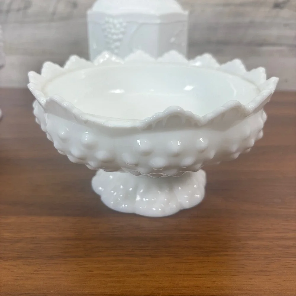 Vintage Fenton Hobnail Milk Glass Candy Dish, Two Candle Holders, Canister Lot 5